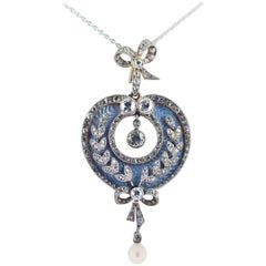 Belle Époque Guilloche Enamel Diamond Pearl Pendant