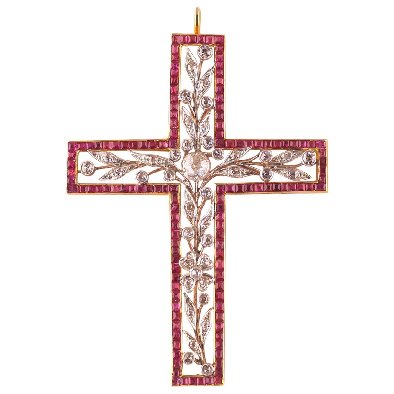 Victorian Ruby Diamond Cross, circa 1850 For Sale