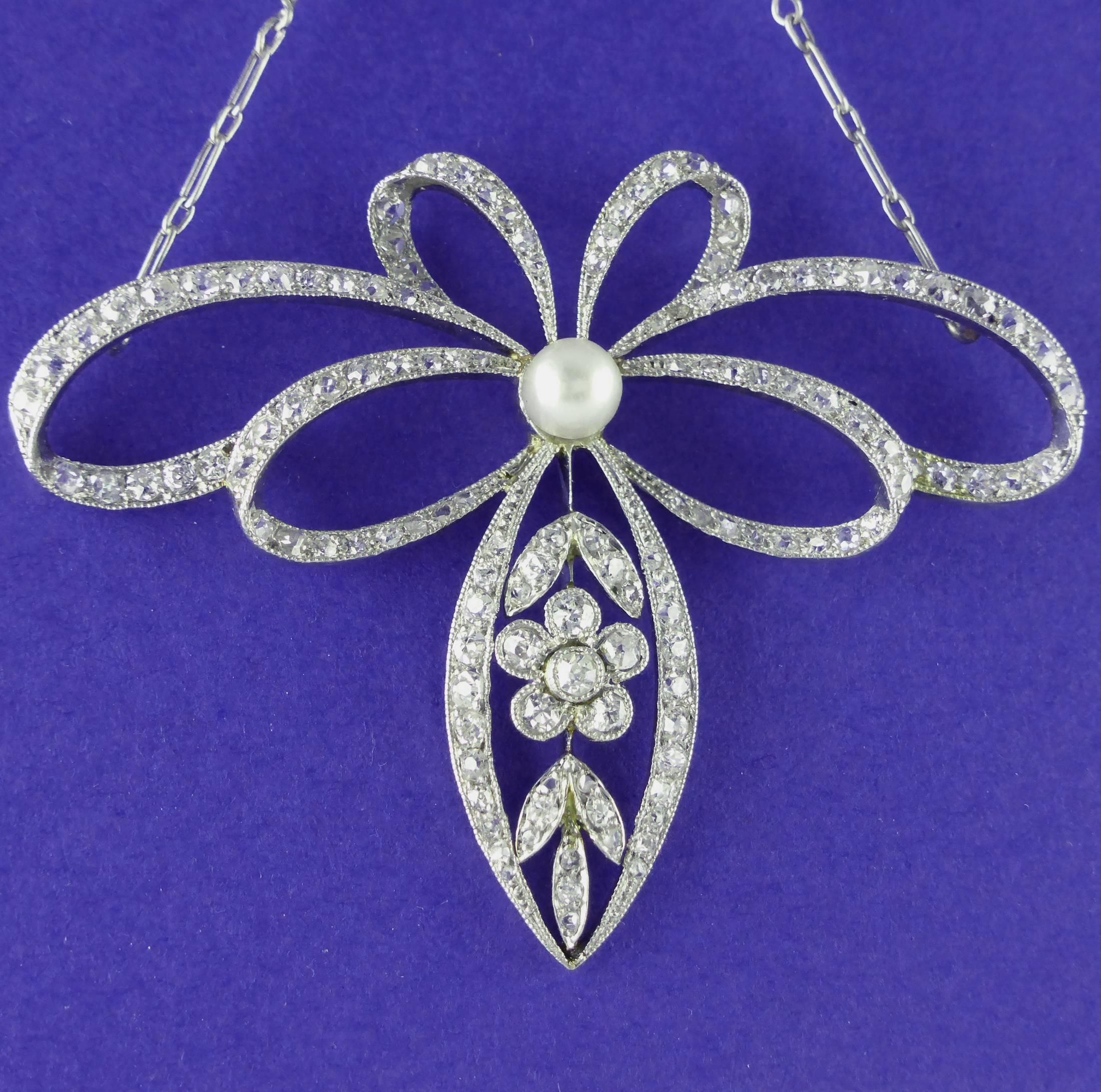 Pearl Diamond Platinum Belle Époque Necklace, circa 1910 In Excellent Condition In London, GB