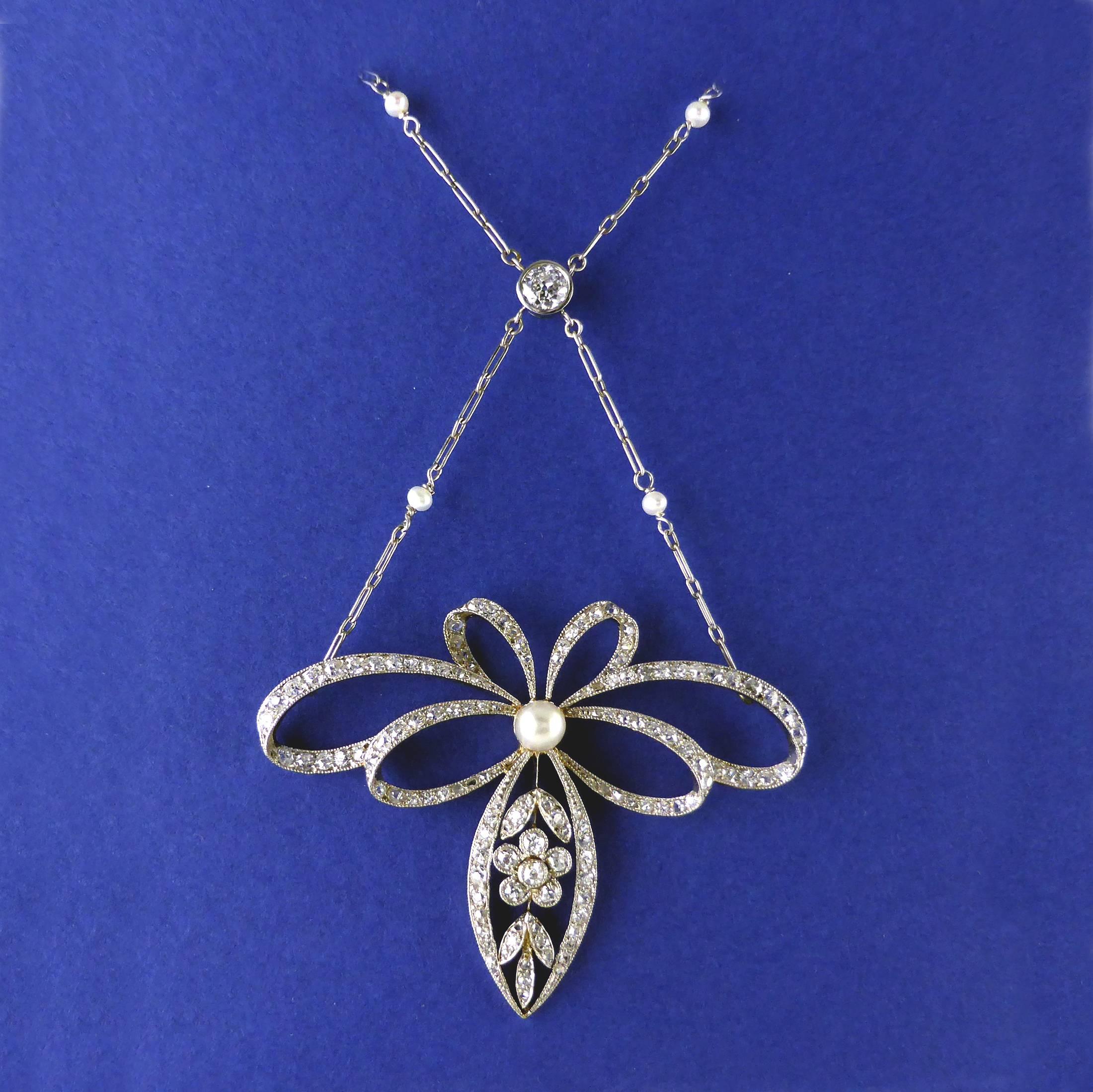 Pearl Diamond Platinum Belle Époque Necklace, circa 1910 1