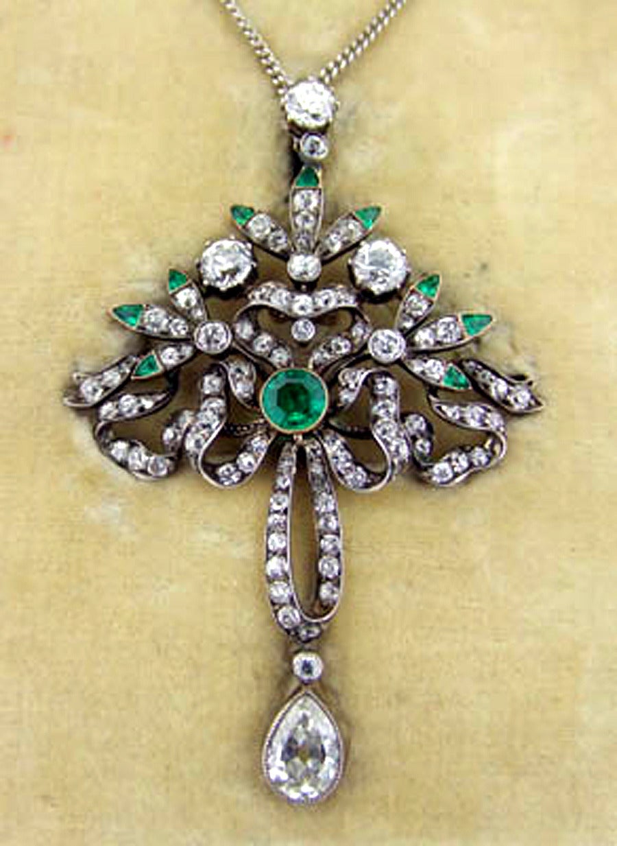 Old Mine Cut Victorian Emerald Diamond Pendant or Brooch, circa 1860 For Sale