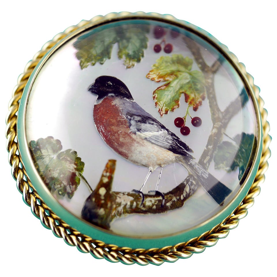 Victorian Reverse Intaglio Essex Crystal Bird Brooch For Sale