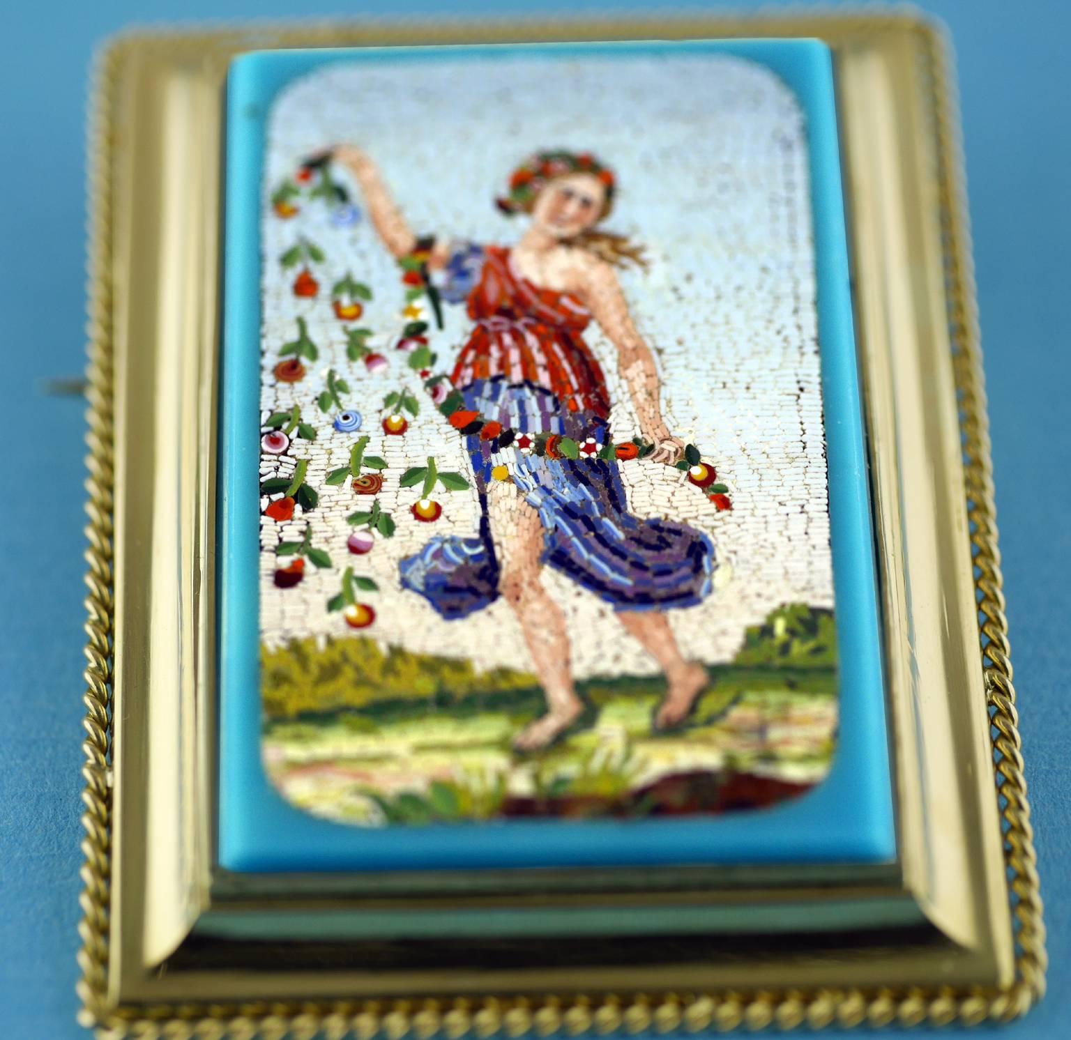 Victorian Micromosaic Brooch Depicting Flora Goddess of Spring, circa 1850 In Excellent Condition In London, GB