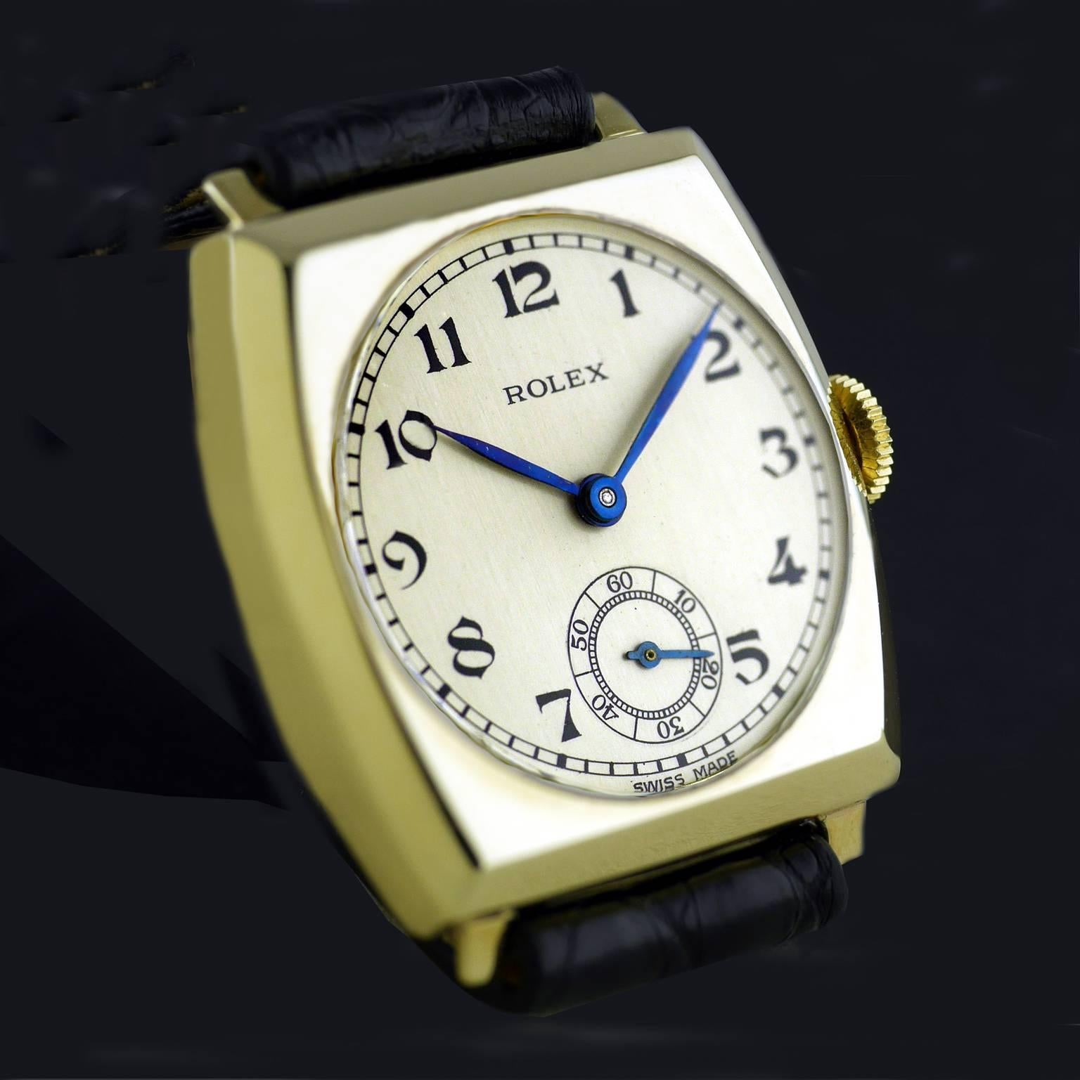 An Art Deco vintage wristwatch by Rolex made in 1937.

Gold tonneau cushion shaped case marked with Rolex and the “RWC Ltd” lozenge for the Rolex Watch Company Ltd. The snap back gold case is hallmarked for Glasgow Import into the United Kingdom in