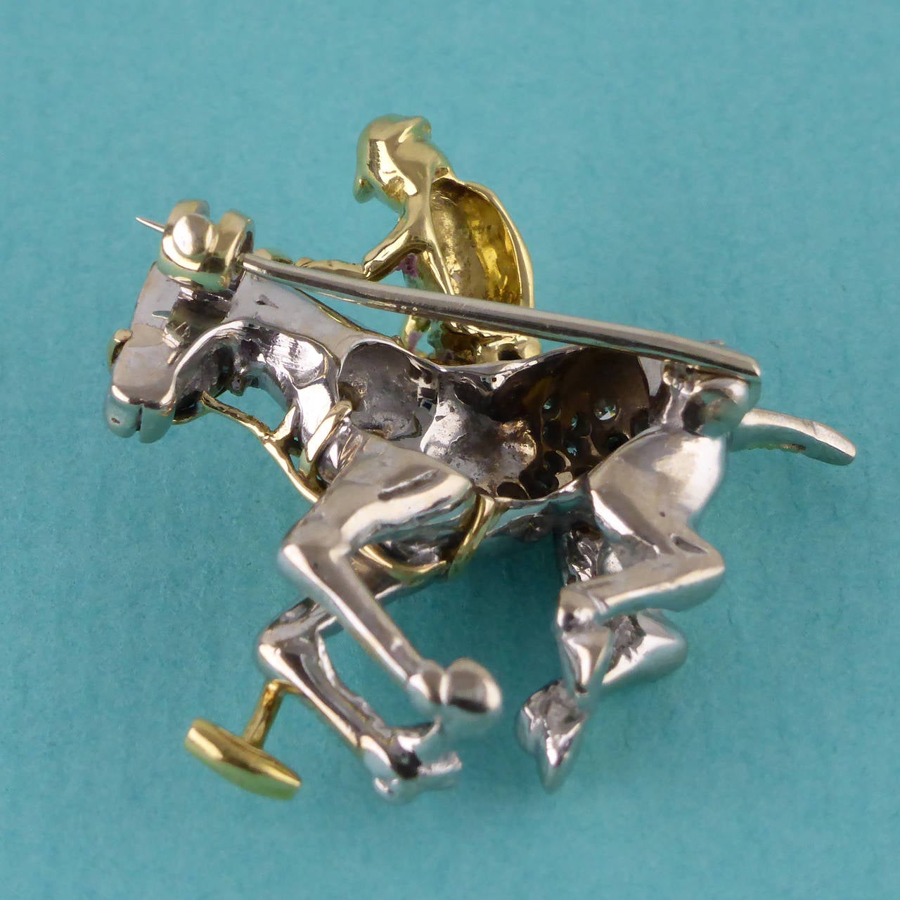 Ruby Diamond Gold Polo Player Brooch, circa 1960 In Excellent Condition In London, GB