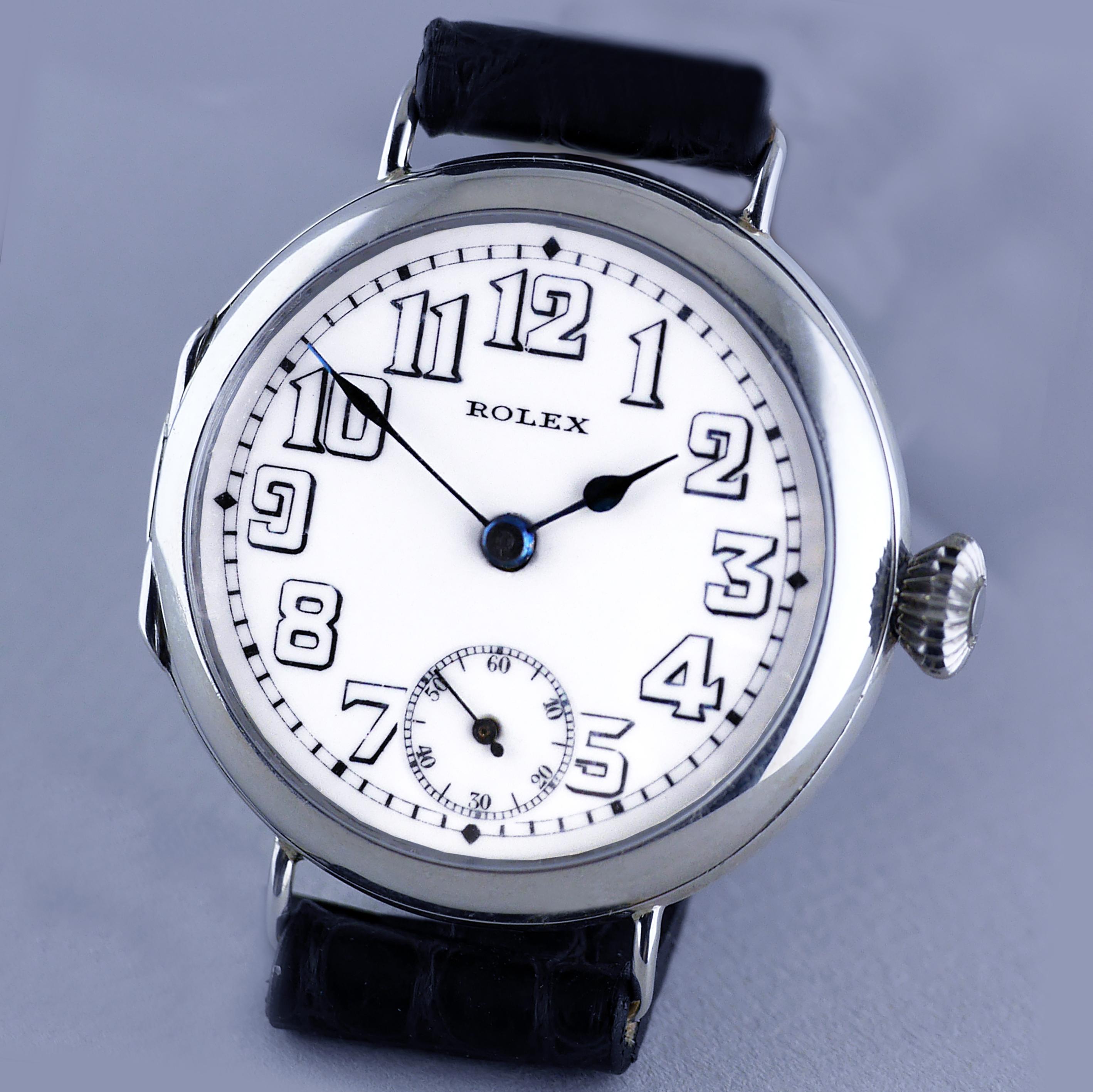 A rare vintage Officers wristwatch by Rolex made in 1916.

Sterling Silver round case with hinged bezel and back, hallmarked for London Import into the United Kingdom in 1916.

15-Jewel Rolex movement.

White enamel dial with black period Arabic