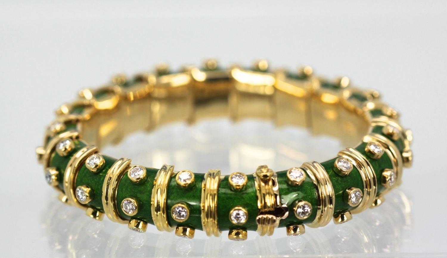 Jean Schlumberger Iconic Green Enamel Diamond Narrow Bracelet 18 Karat In Good Condition In North Hollywood, CA