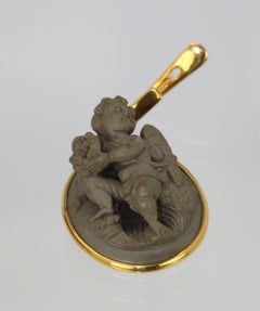Lava Cameo Pendant Earrings Italian Putti Angel 18 Karat, circa 1885