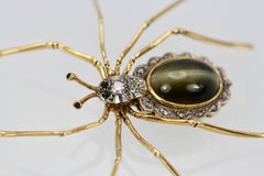 Retro Cat's Eye Chrysoberyl Spider Brooch Scalloped Edge Diamond Accents 18K