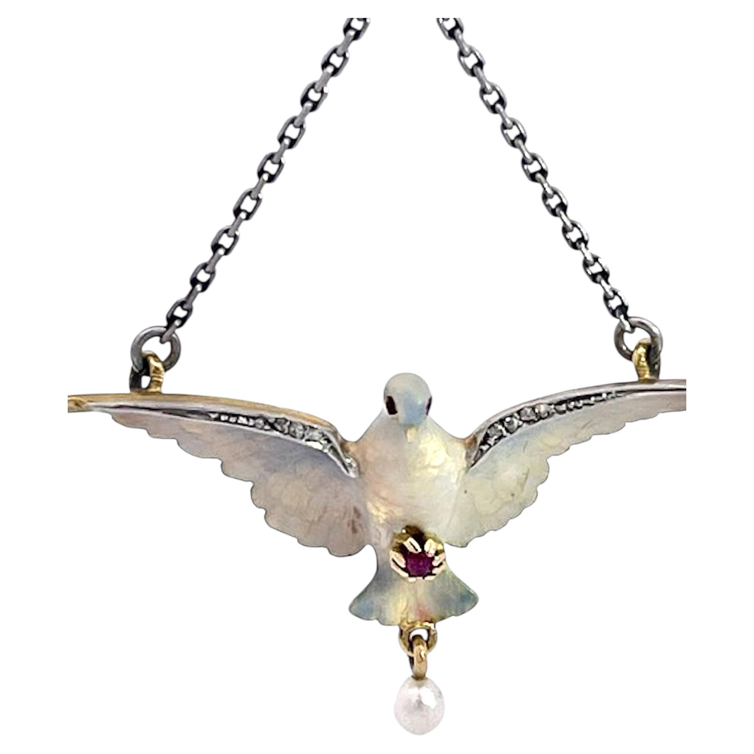 Art Nouveau 18K Gold Enamel Dove Necklace with Diamonds & Ruby, 1910