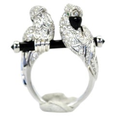Bague cocktail « Double perroquet » en or 18 carats, sertie de diamants et d'onyx, France