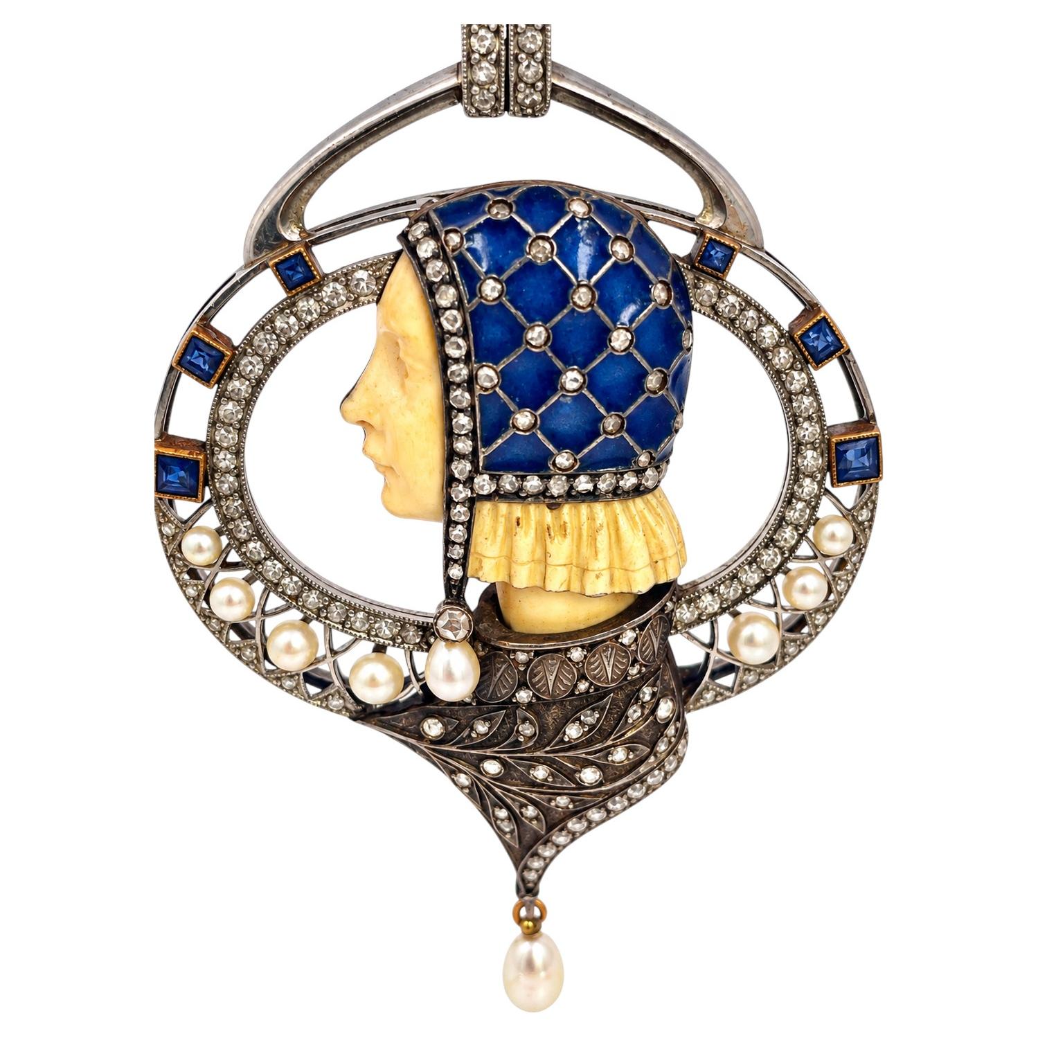 Pre-owned Masriera Art Nouveau Pendant Necklace In 18k Gold, Platinum & Diamonds In Multiple