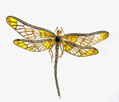 Antique Plique-à-Jour Dragonfly Brooch with Gold and Gemstones
