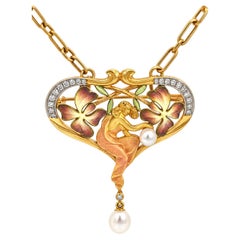 Masriera Jugendstil-Halskette mit Anhänger aus 18-karätigem Gold in Plique-à-Jour-Technik