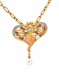 Masriera Jugendstil-Halskette mit Anhänger aus 18-karätigem Gold in Plique-à-Jour-Technik