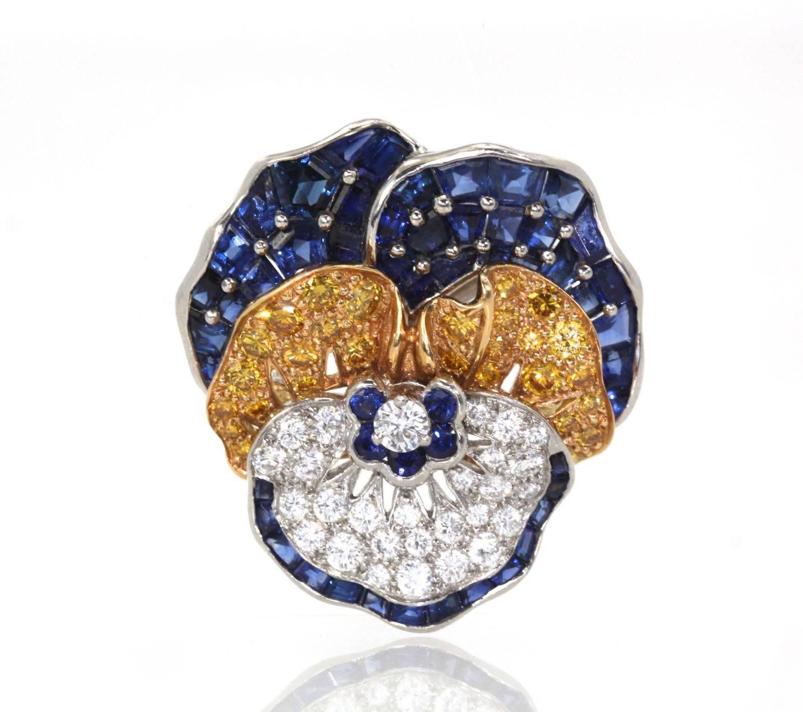 Round Cut Oscar Heyman Sapphire Diamond Pansy Brooch 18 Karat For Sale
