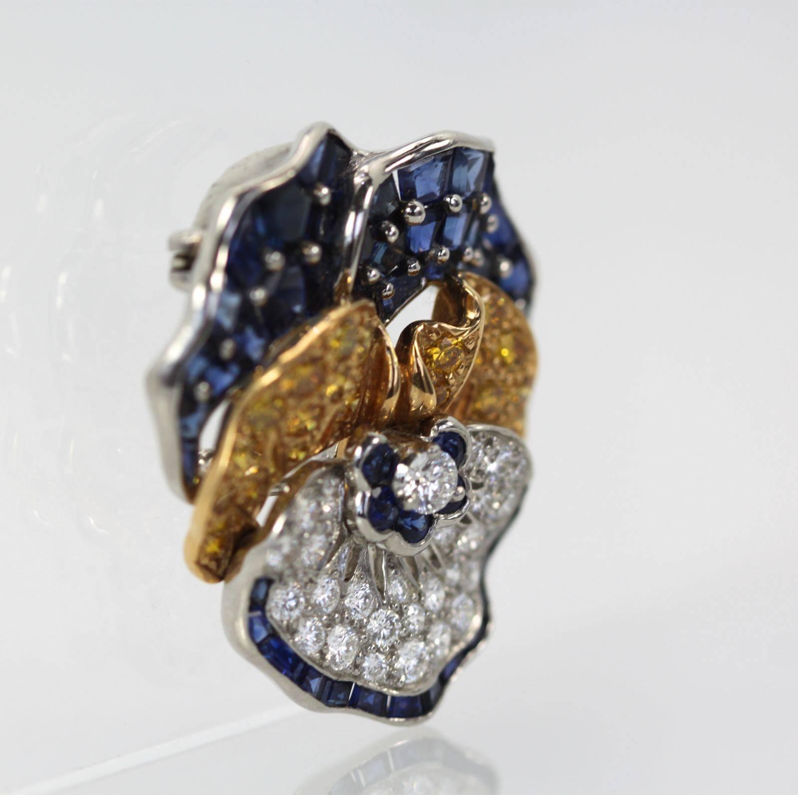 Oscar Heyman Sapphire Diamond Pansy Brooch 18 Karat For Sale 2