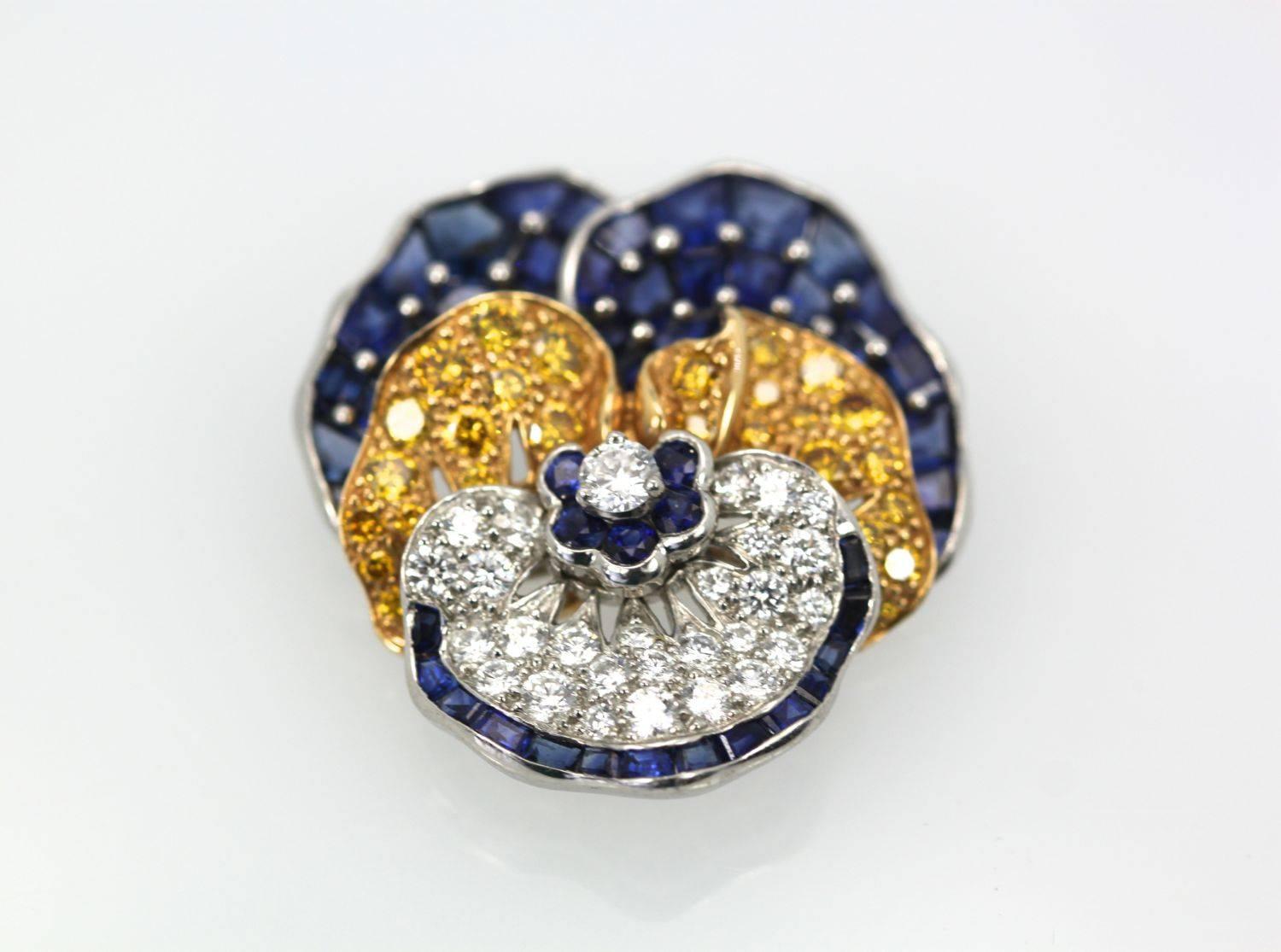 Oscar Heyman Sapphire Diamond Pansy Brooch 18 Karat For Sale 1