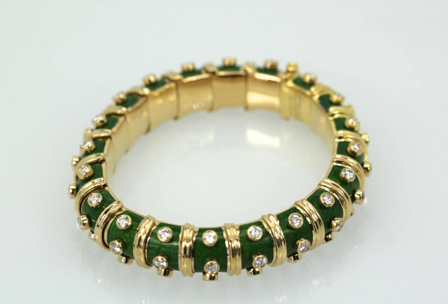 Jean Schlumberger Iconic Green Enamel Diamond Narrow Bracelet 18 Karat 2