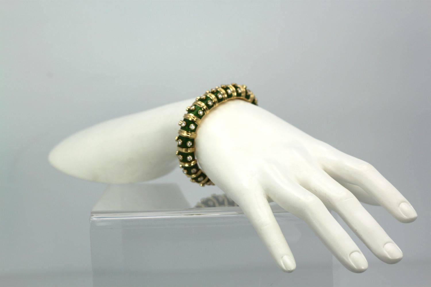 Jean Schlumberger Iconic Green Enamel Diamond Narrow Bracelet 18 Karat 1