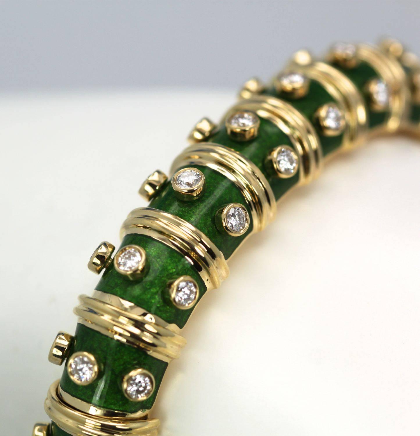 Modern Jean Schlumberger Iconic Green Enamel Diamond Narrow Bracelet 18 Karat