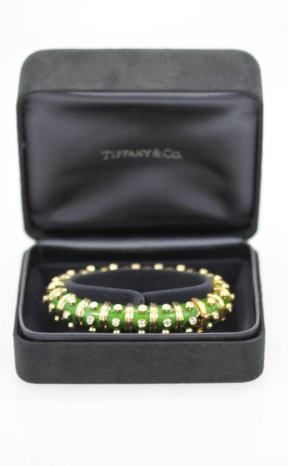 Women's Jean Schlumberger Iconic Green Enamel Diamond Narrow Bracelet 18 Karat