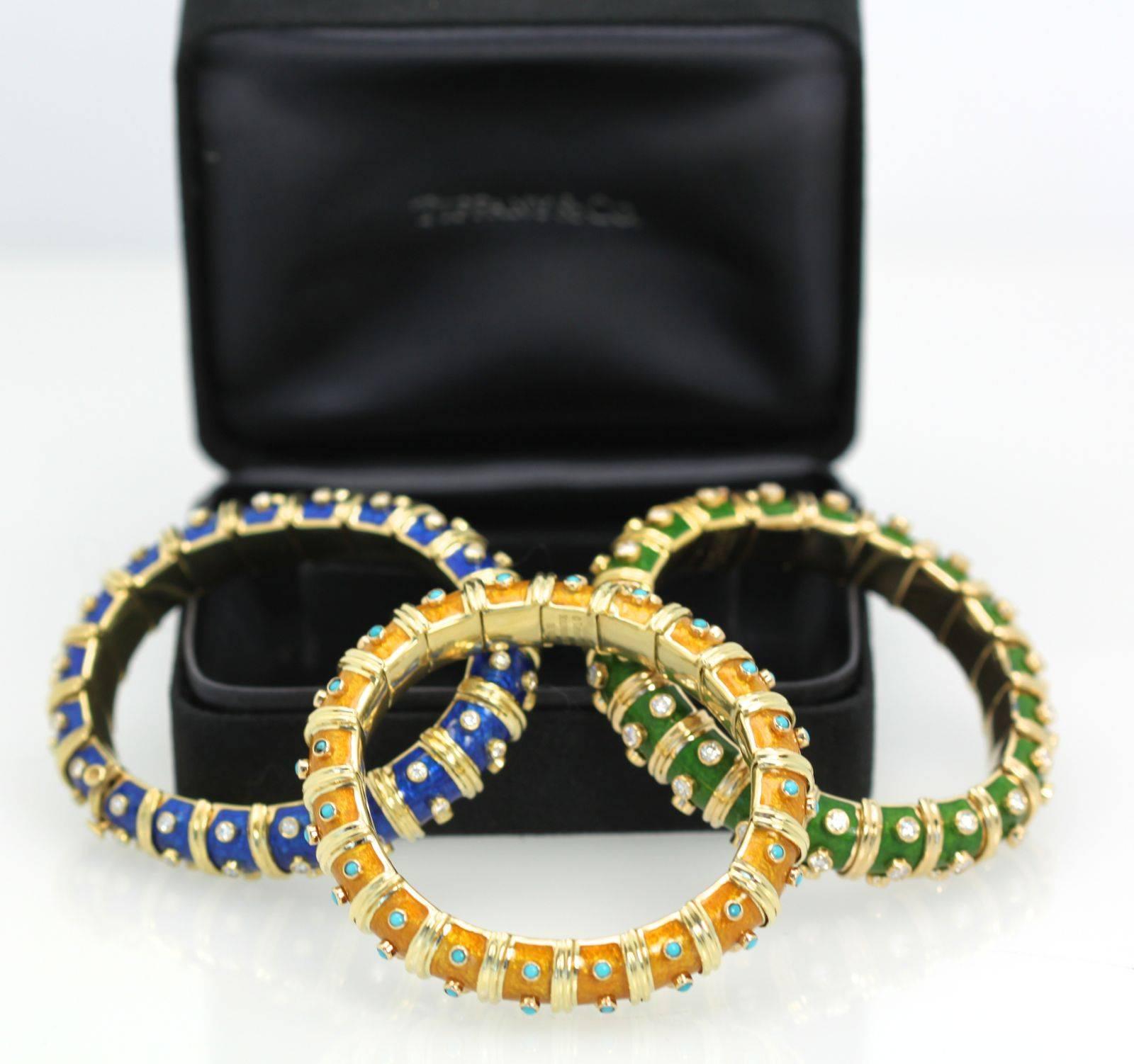 Jean Schlumberger Iconic Green Enamel Diamond Narrow Bracelet 18 Karat 4