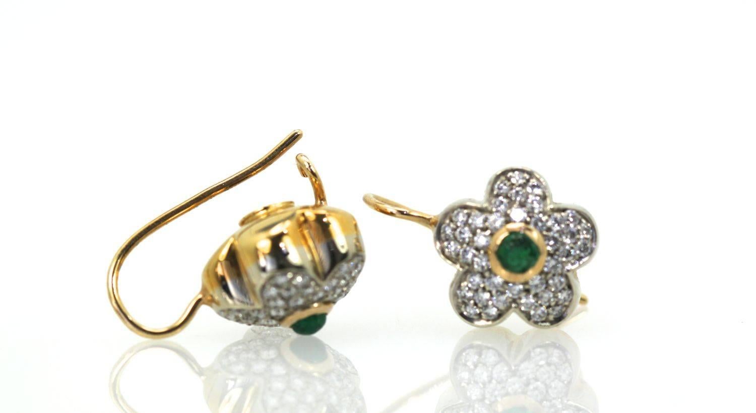 Round Cut Diamond Emerald Earrings 18 Karat For Sale
