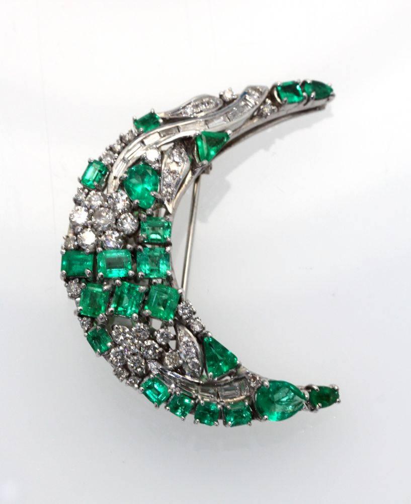 Emerald Cut Emerald Diamond Crescent Brooch 14K 7.52 Carats For Sale