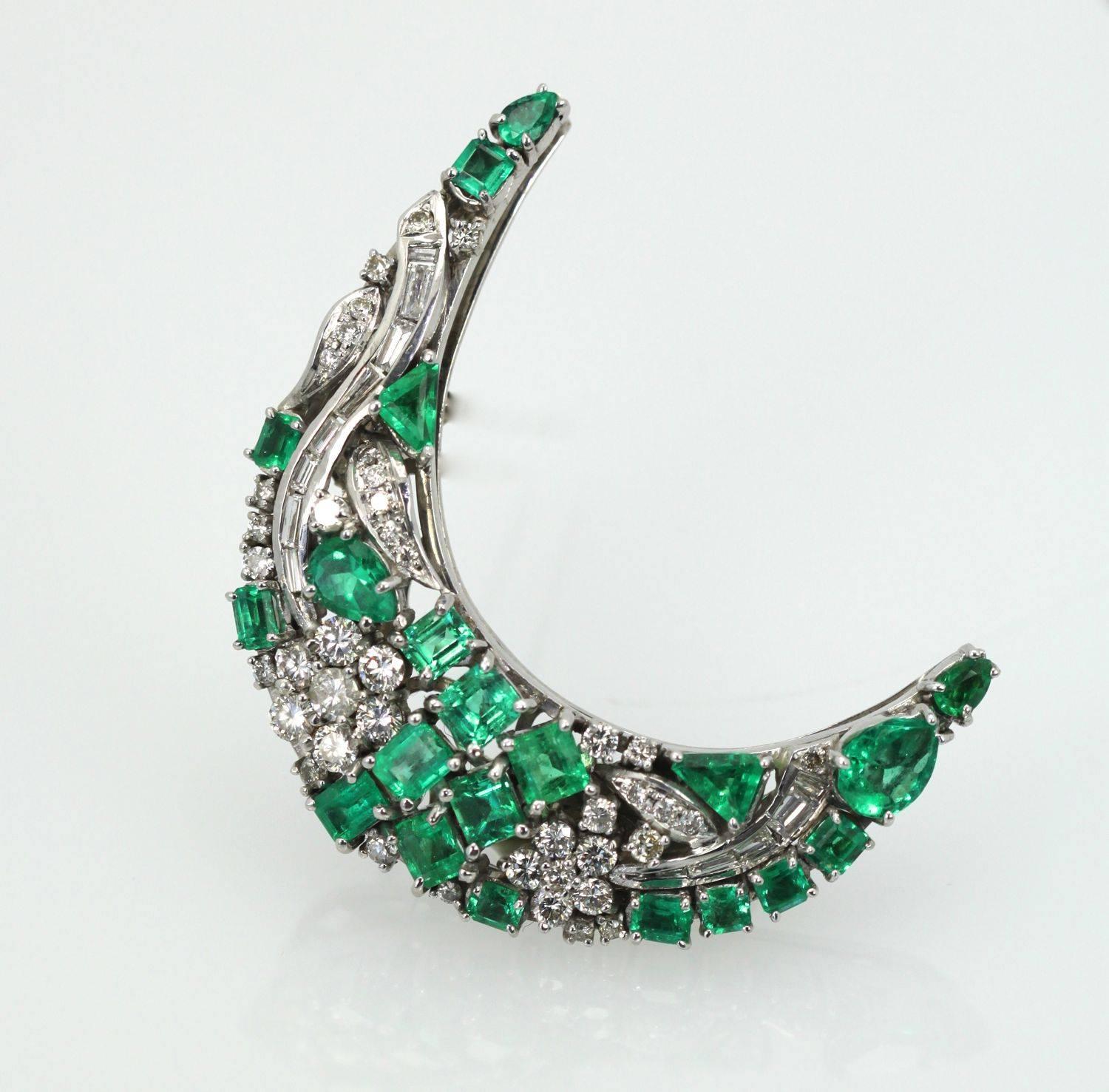 Women's Emerald Diamond Crescent Brooch 14K 7.52 Carats For Sale