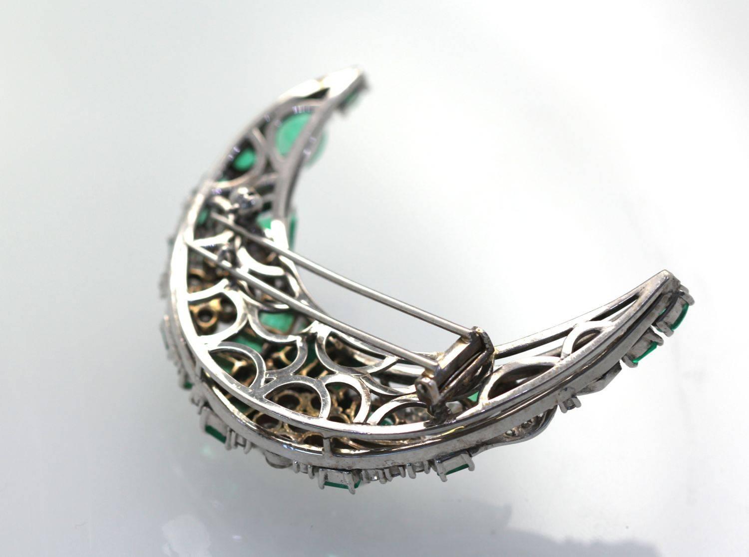 Emerald Diamond Crescent Brooch 14K 7.52 Carats For Sale 1