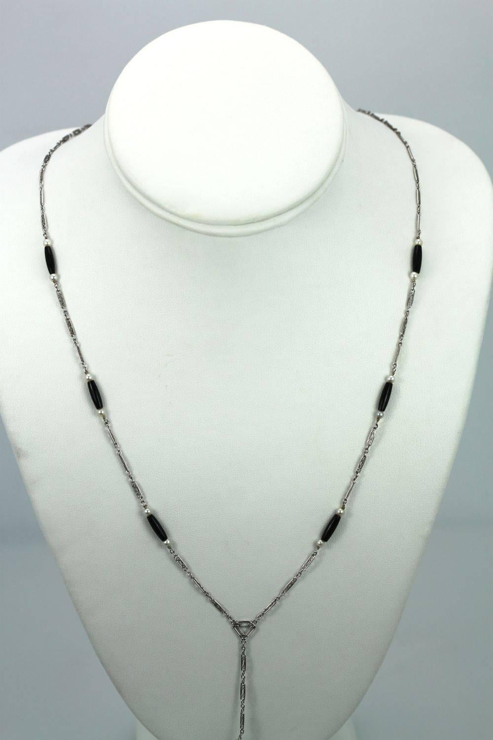 Edwardian Lorgnette, Pearl Onyx Necklace with Double-Sided Charm Platinum 1