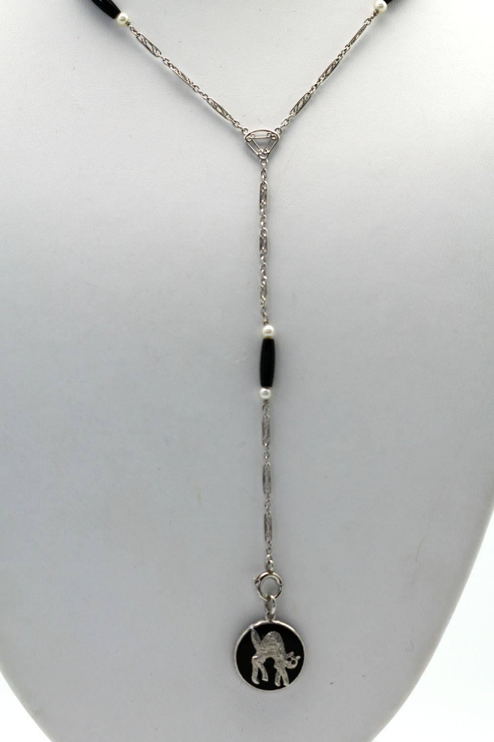 Edwardian Lorgnette, Pearl Onyx Necklace with Double-Sided Charm Platinum 2
