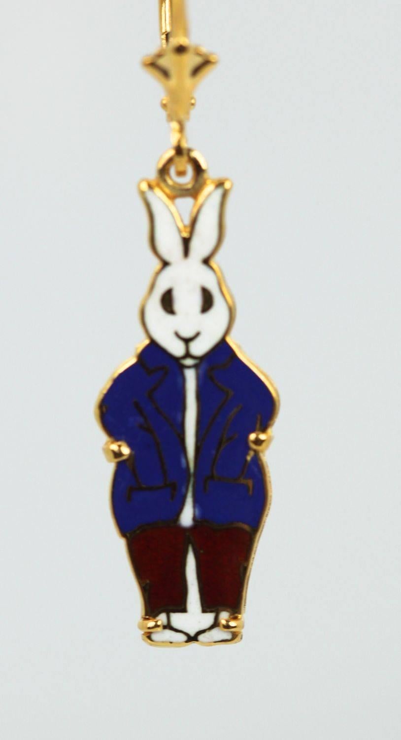 Women's Charming Peter Rabbit 14 Karat Enamel Earrings For Sale