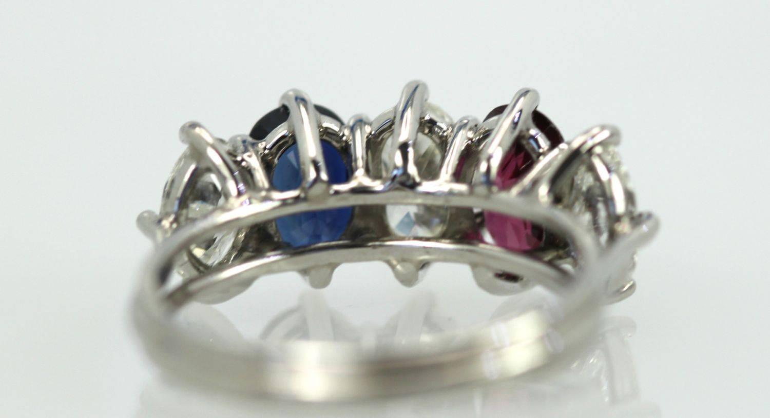 Modern Five-Stone Platinum Ring Ruby, Sapphire Diamond 3.07 Carat