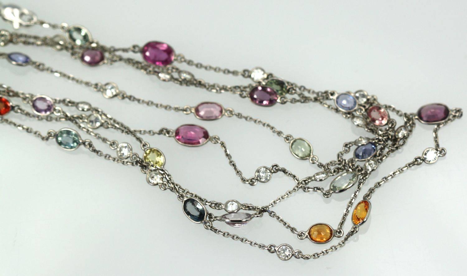 Oval Cut Multi Colored Sapphire Diamond Chain 18K Gold  