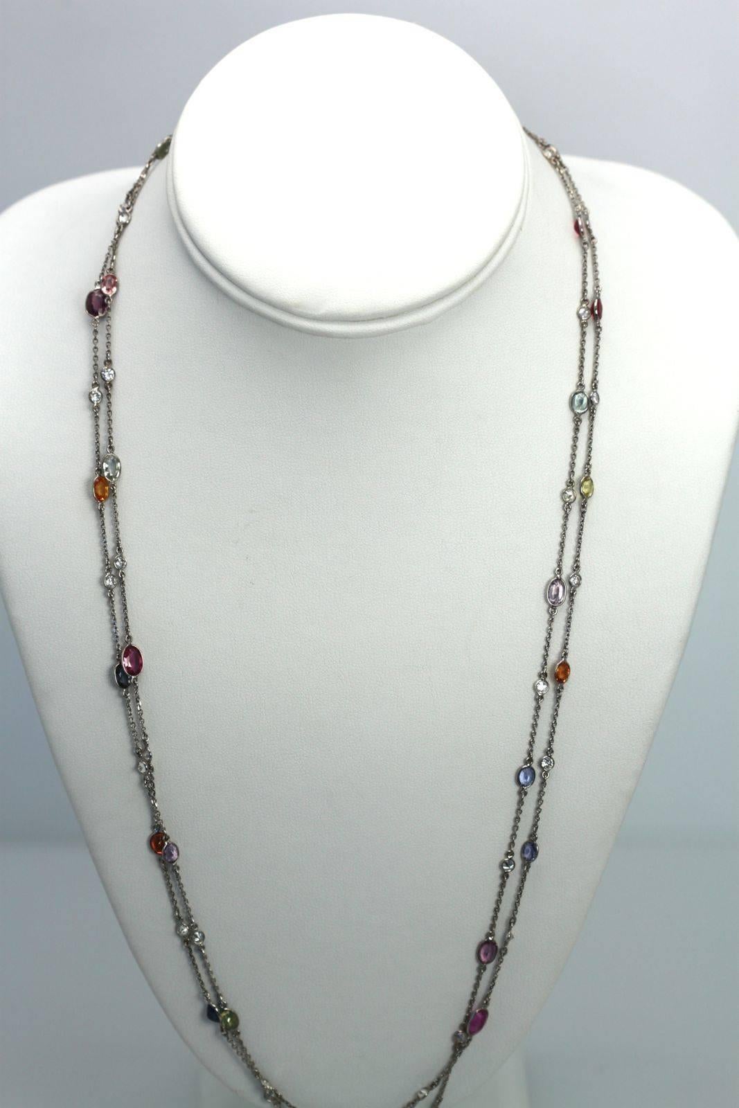 Multi Colored Sapphire Diamond Chain 18K Gold   In New Condition In North Hollywood, CA