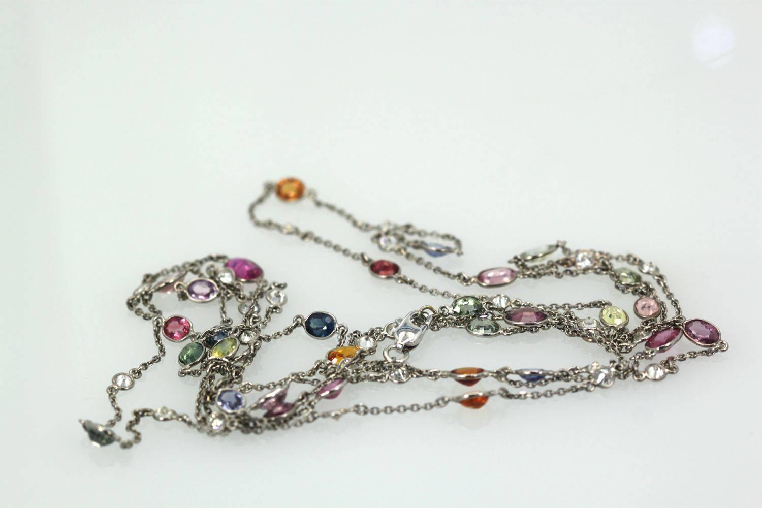 Women's Multi Colored Sapphire Diamond Chain 18K Gold  
