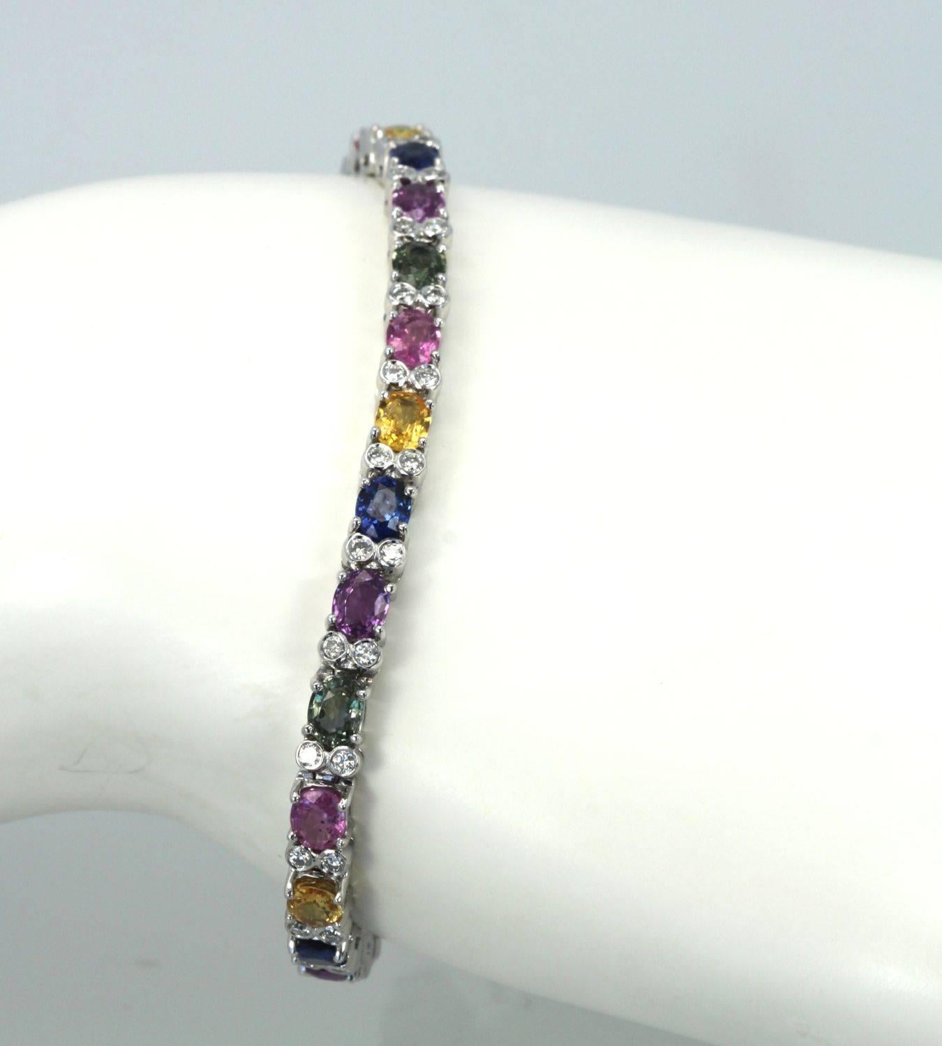Oval Cut Multi Colored Fancy Sapphire Diamond Bracelet 12.70 Carats For Sale