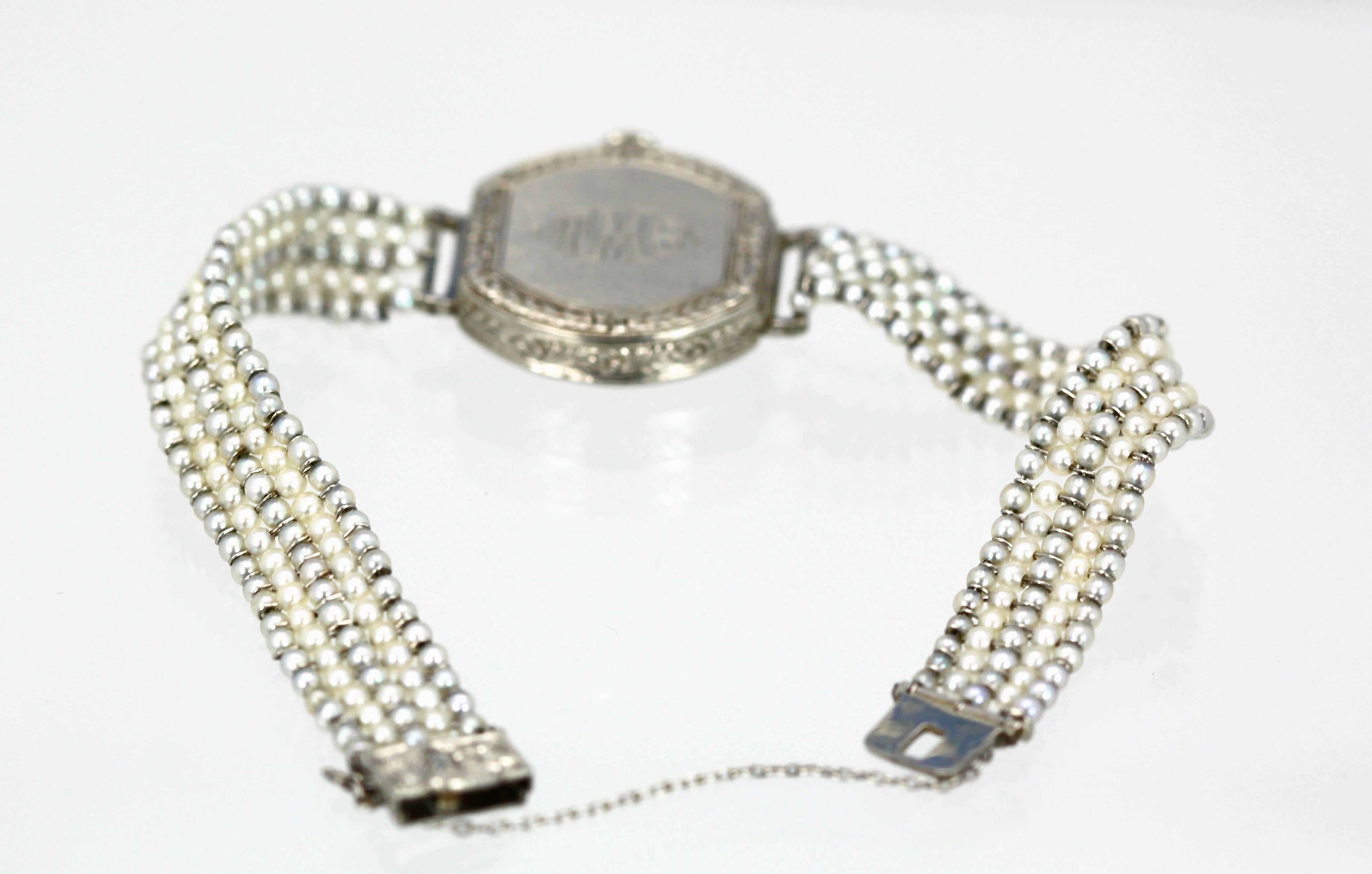 Round Cut Ladies Platinum Diamond Seed Pearl Wristwatch
