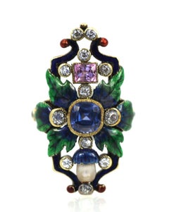 Holbeinesque Enamel Ring One Pink One Blue Natural Sapphire, Natural Pearl