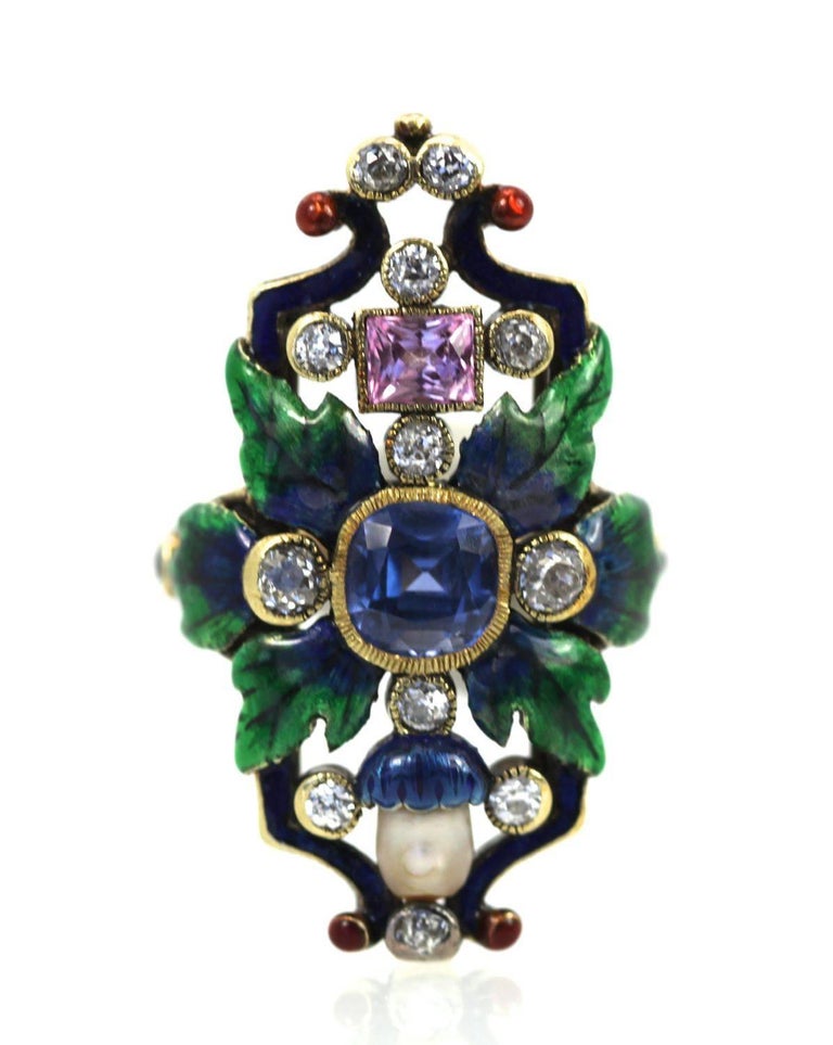 Holbeinesque Enamel Ring One Pink One Blue Natural Sapphire, Natural