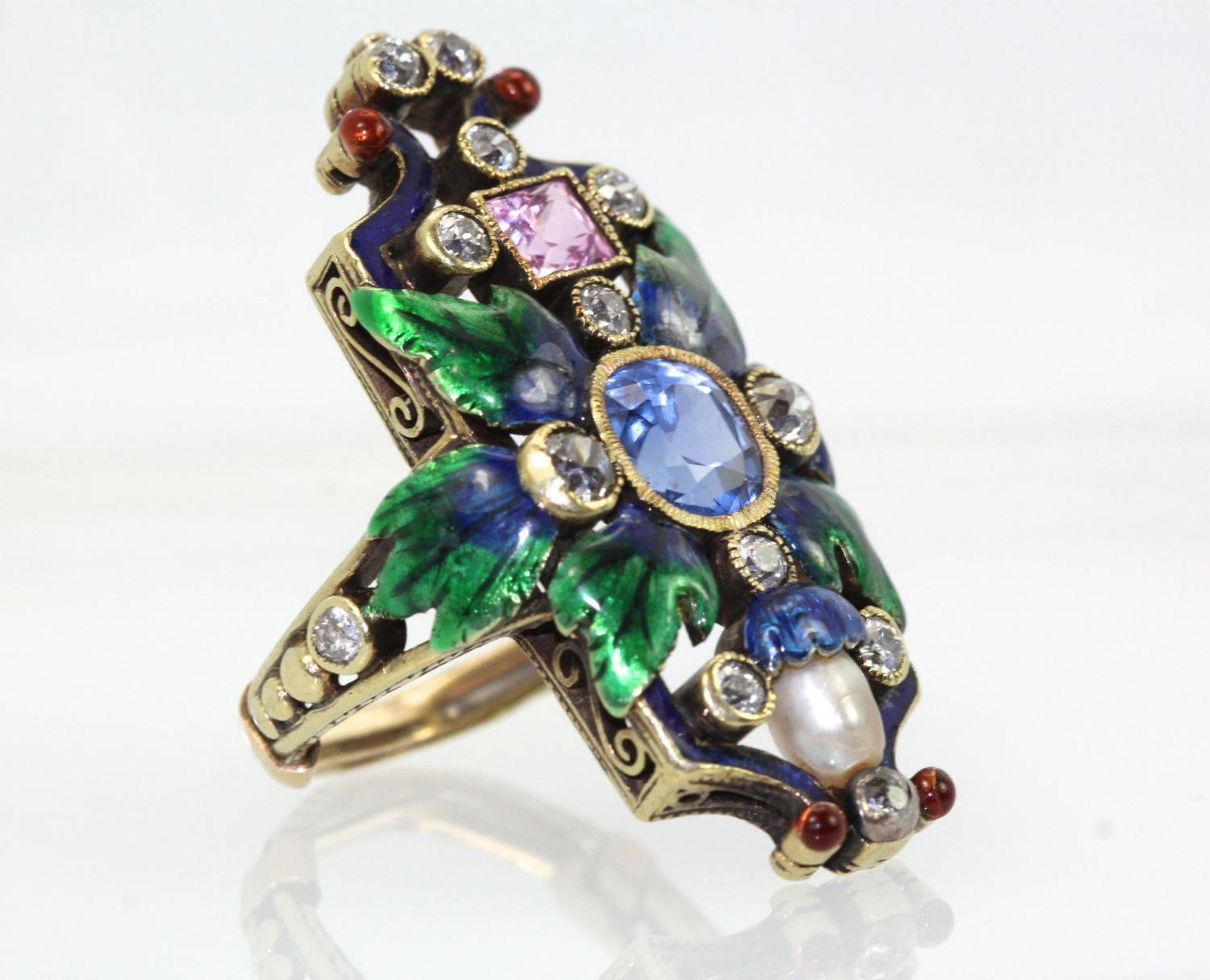 Holbeinesque Enamel Ring One Pink One Blue Natural Sapphire, Natural Pearl In Excellent Condition In North Hollywood, CA