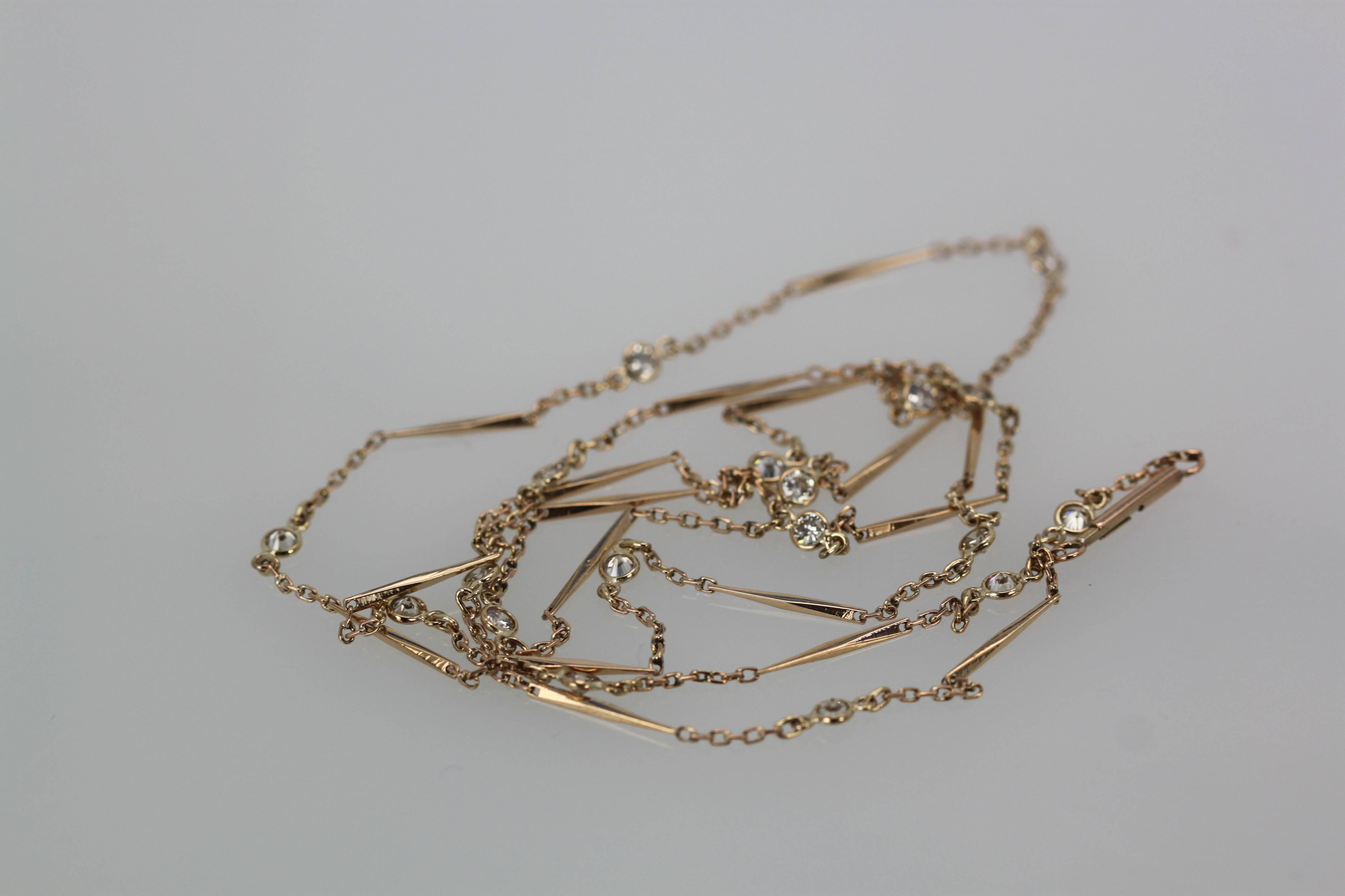 Gorgeous Vintage 14K Yellow Gold Bar Link Chain 1.38 Carats of Diamonds 2