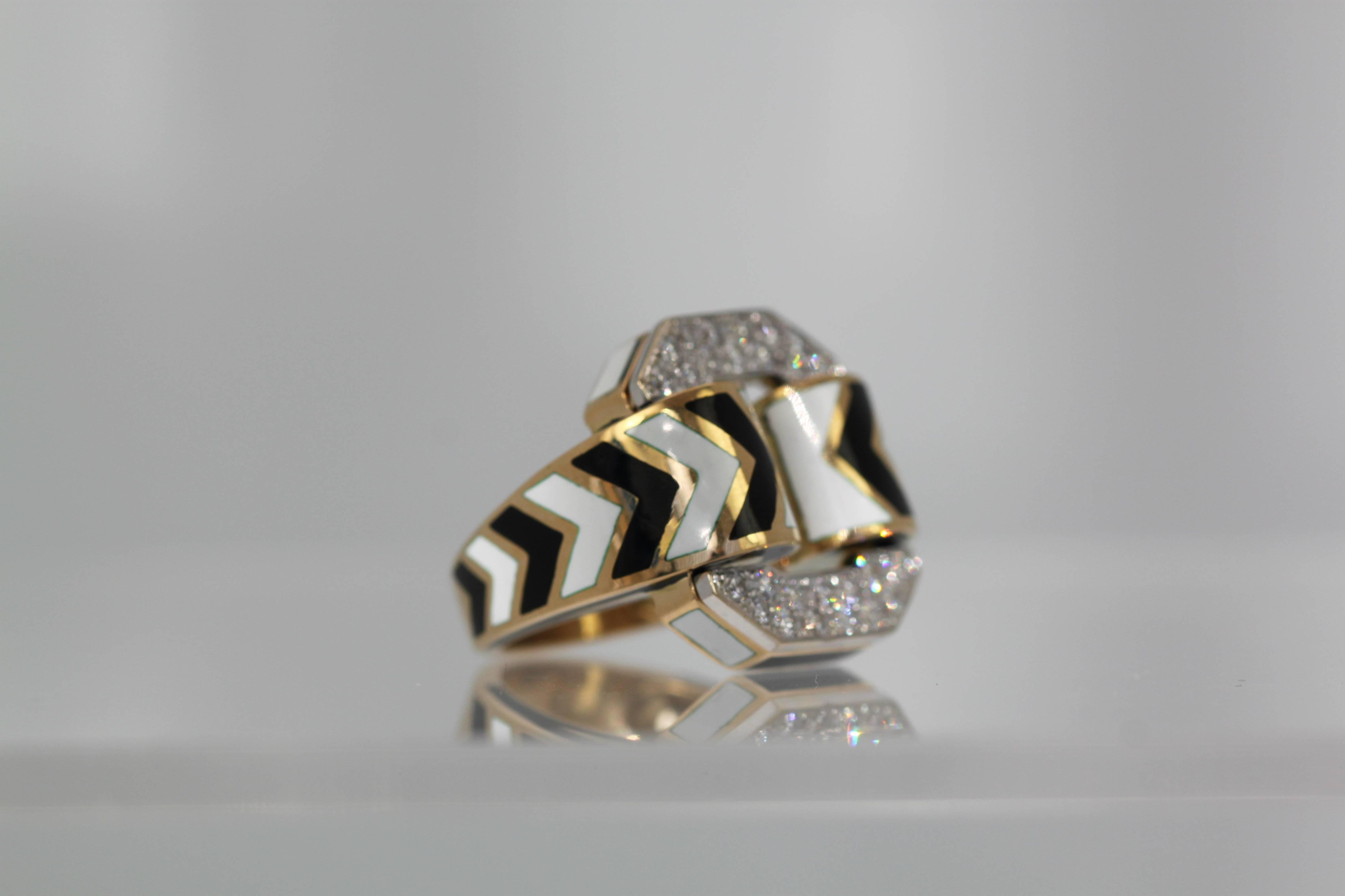 David Webb Iconic Zebra Stripe Buckle Diamond Gold Ring  2