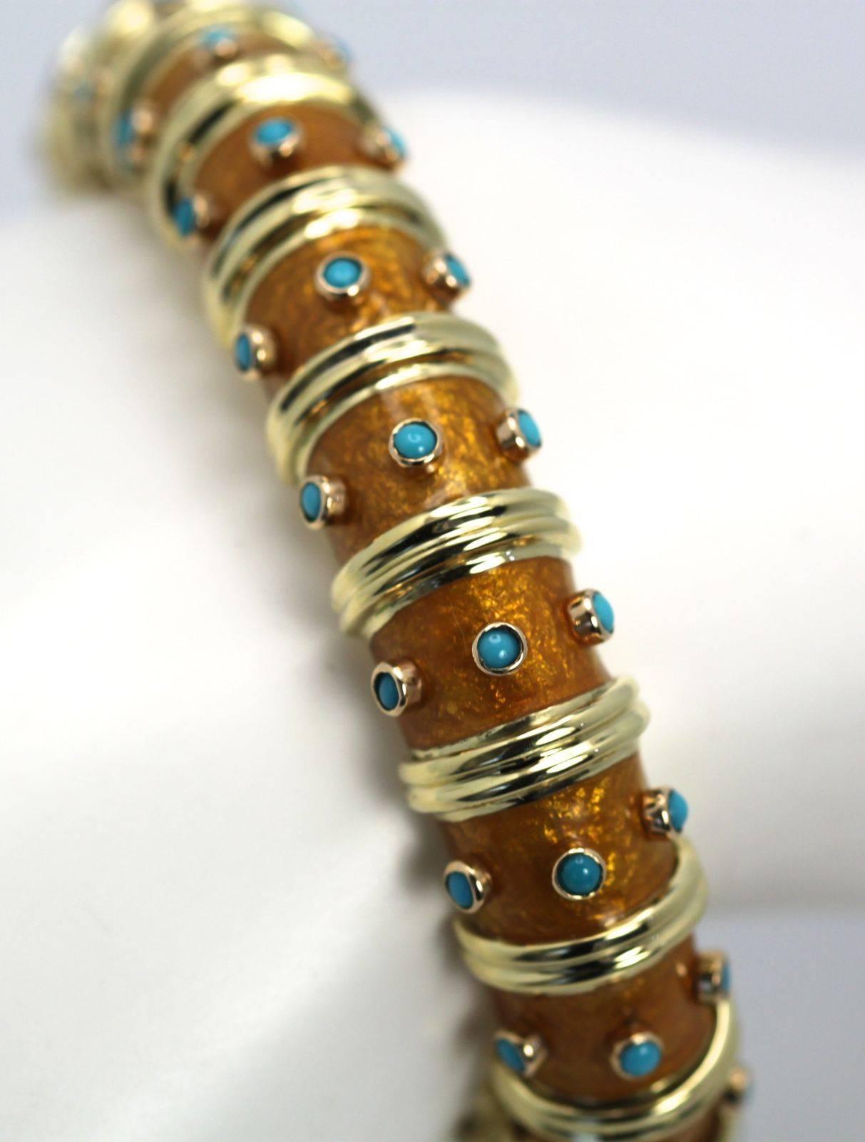 This iconic Bracelet from Tiffany is by no other than Jean Schlumberger. This bracelet is iconic expensive and hard to find. Many of his other enamel bracelets are easier to find but these with Turquoise or Coral are very rare. This has been worn