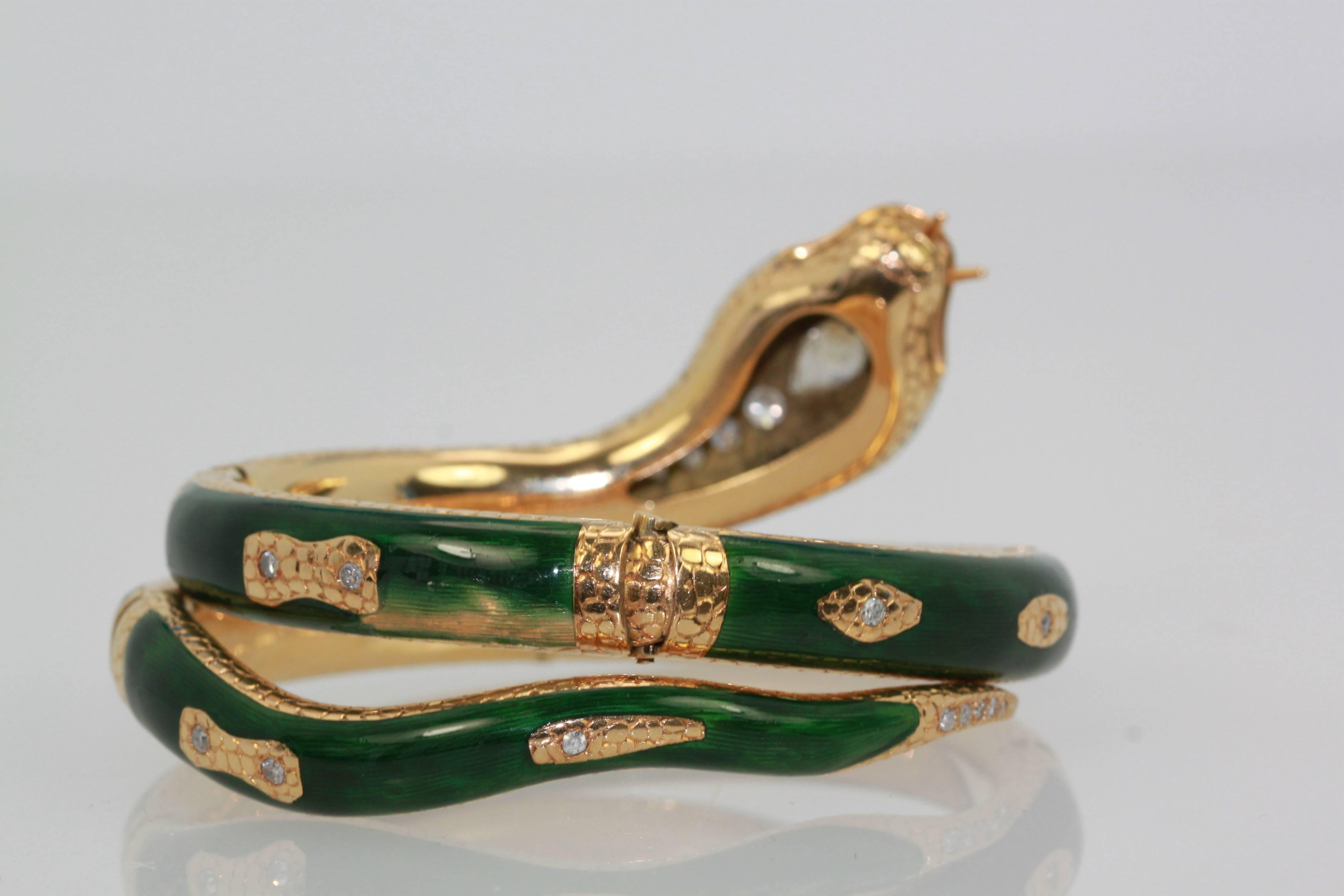 High Victorian Diamond Guilloche Enamel Snake Serpent Bracelet 18 Karat 2.25 Carat For Sale