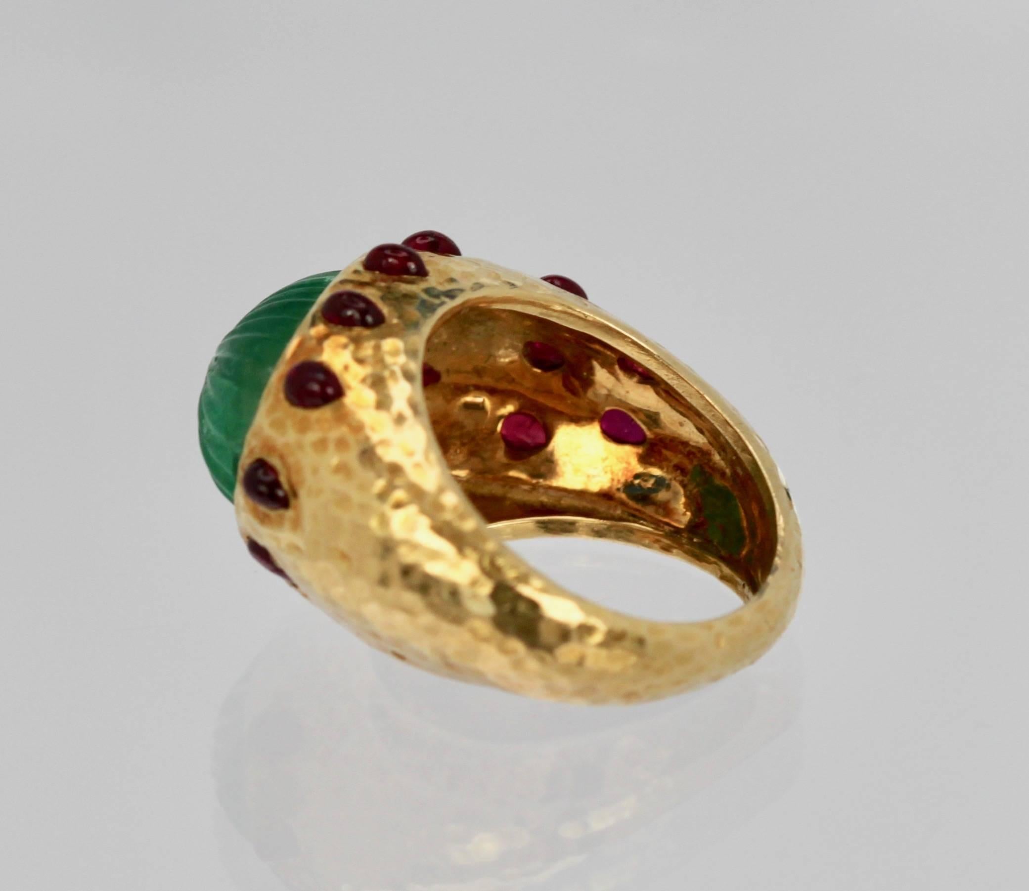 Women's or Men's David Webb Emerald Ruby Bombe Ring