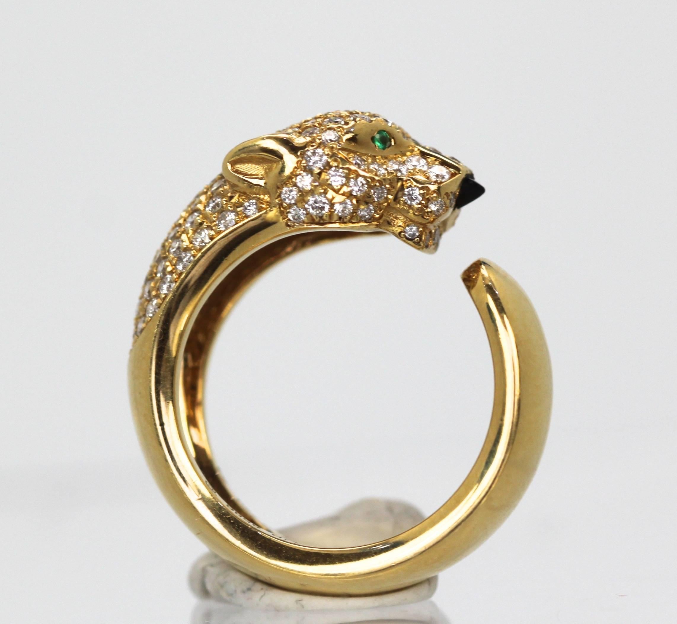 Artisan Cartier Diamond Head Panthere Ring Emerald Eye Onyx Nose 18 Karat Gold