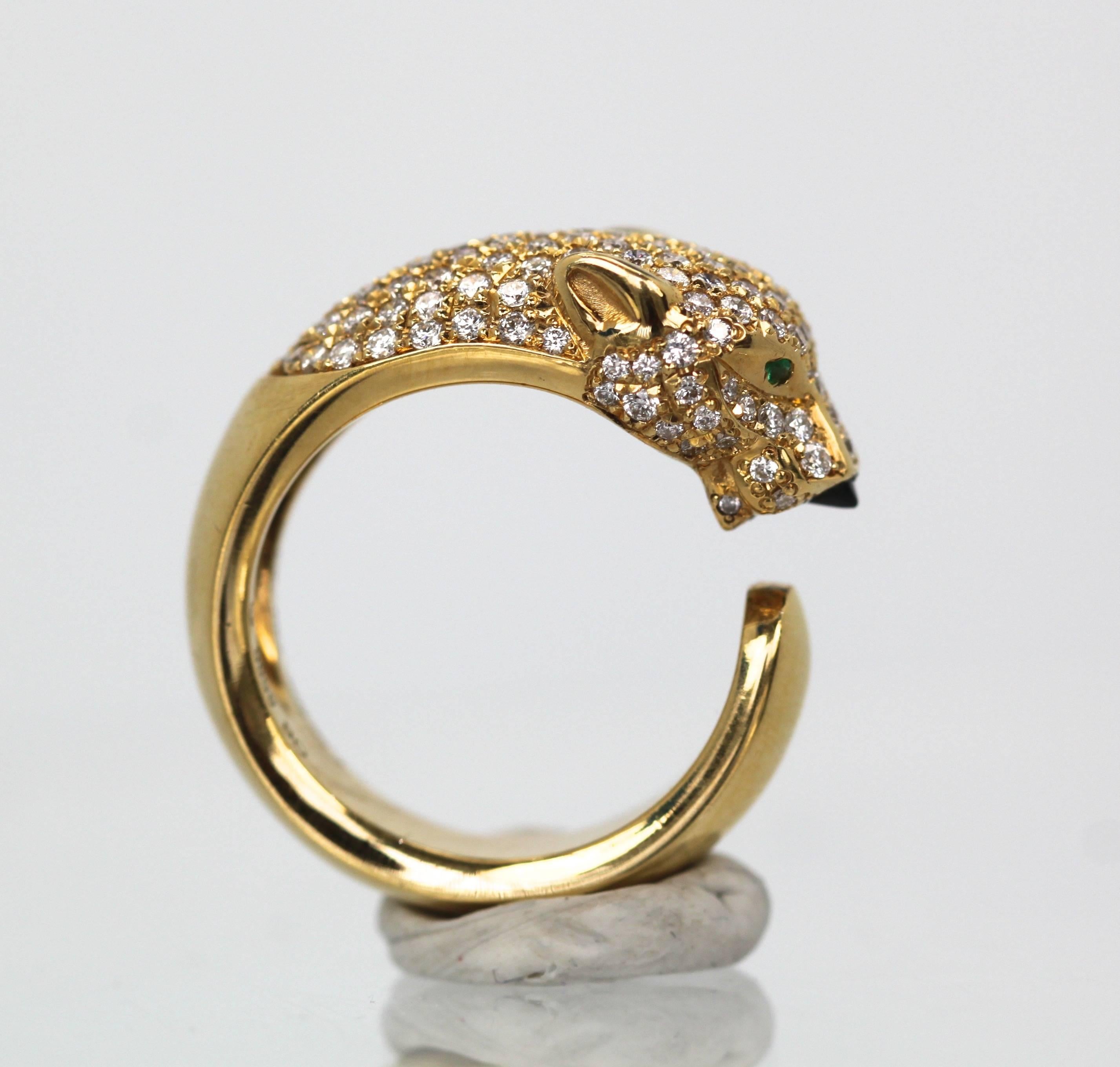 Round Cut Cartier Diamond Head Panthere Ring Emerald Eye Onyx Nose 18 Karat Gold